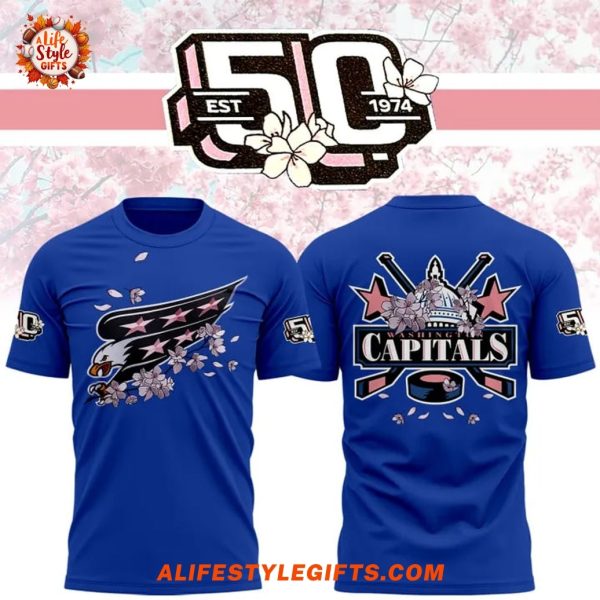 Capitals Unveil 50th Anniversary Cherry Blossom Blue 2025 For Fans T-Shirt